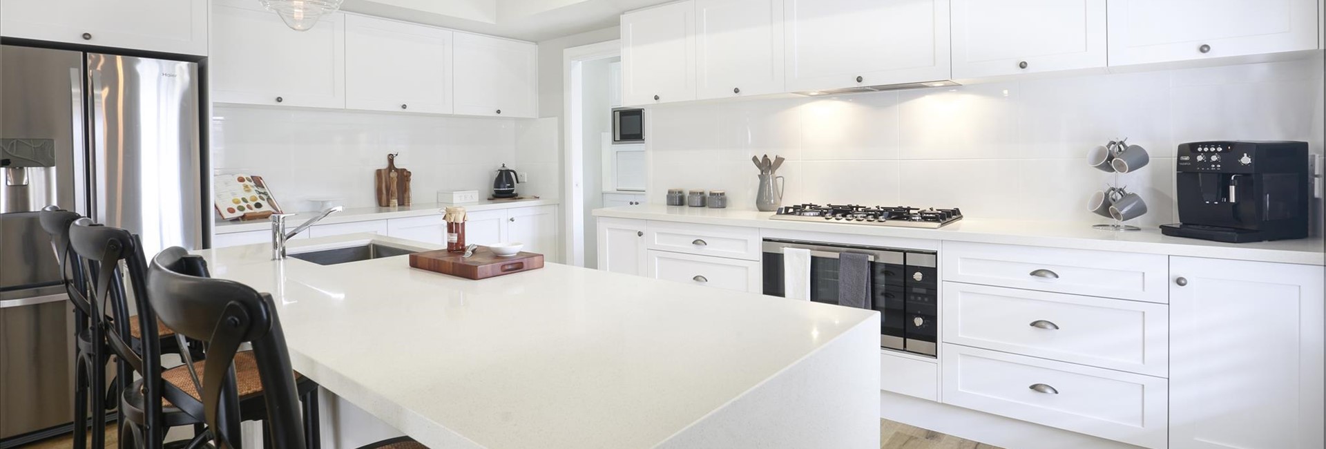 white waterfall ends kitchen renovation brisbane