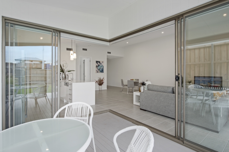 Home Design External/Internal. Alfresco 1 looking from external into Kitchen/Dining. 1 storey duplex.