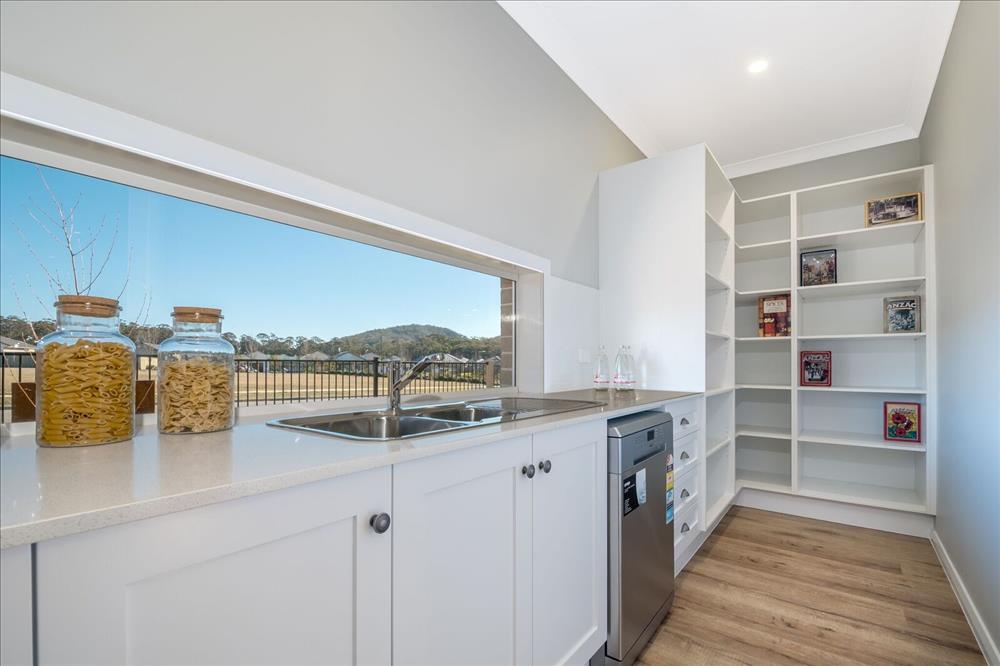 Home Design Internal. Kitchen. Pantry Shelf. Large Fixed Window.