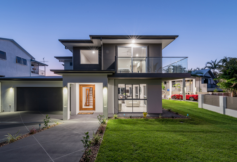 Home Design External. Dusk. Front. Two level home. Contemporary. Plenty of glass.