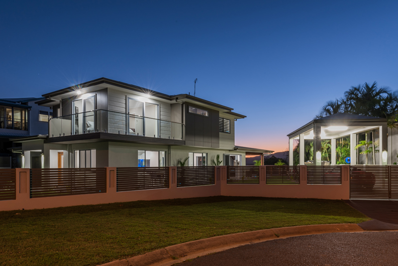 Home Design External. Dusk. Front. Two level home. Contemporary. Plenty of glass.