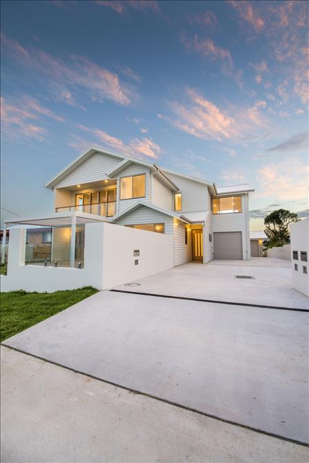 Home Design External. Front View. Unit 1 with garage of Unit 2 in distance