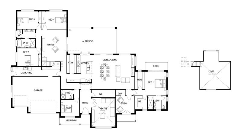 Court with Loft Design Detail and Floor Plan
