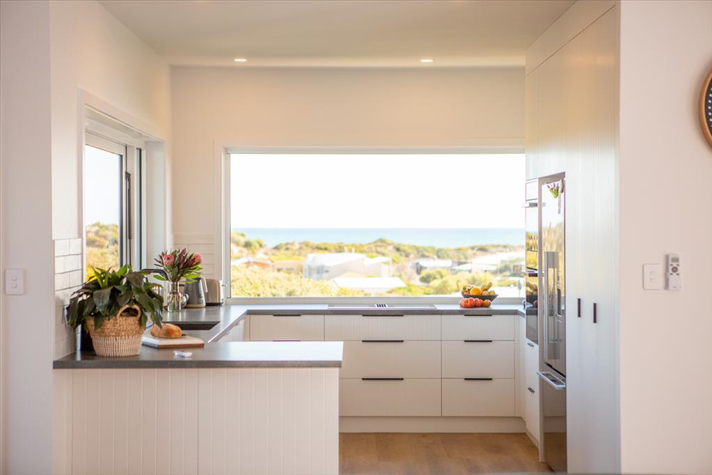 New home kitchen with an ocean view